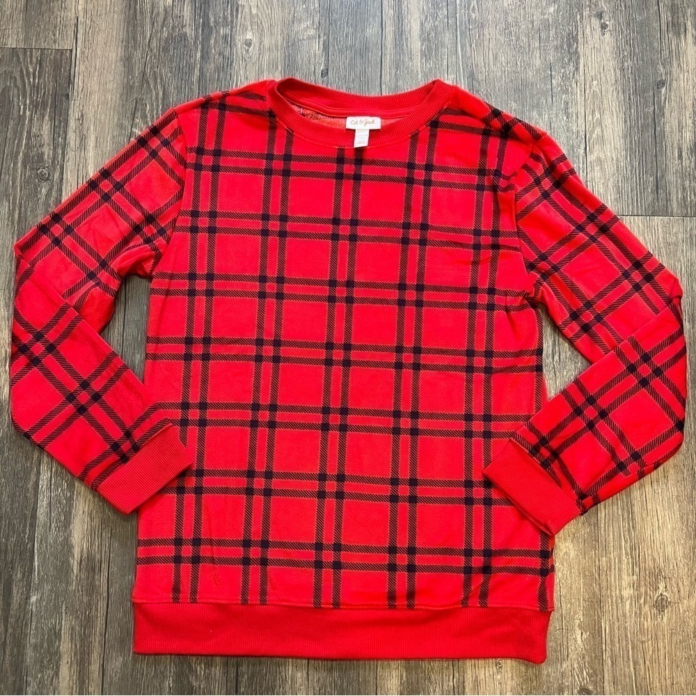 Girls Cat & Jack Red Plaid Soft Pijama Top Winter Christmas Holiday Size L 12/14